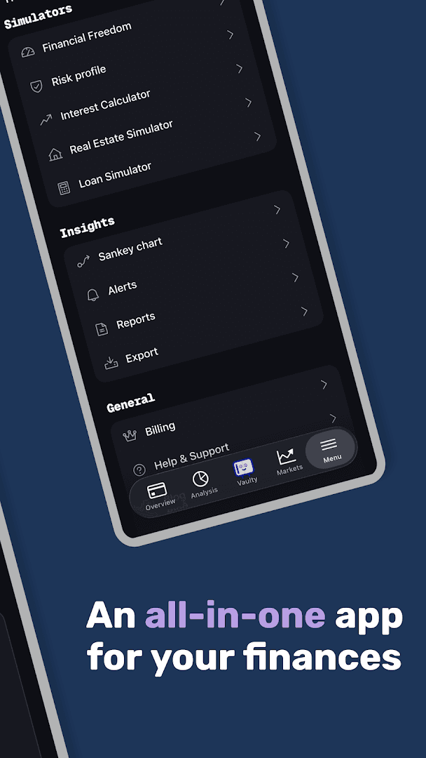 Official Savyy mobile store artwork showing analysis, alerts, reports, exports, billing, and support