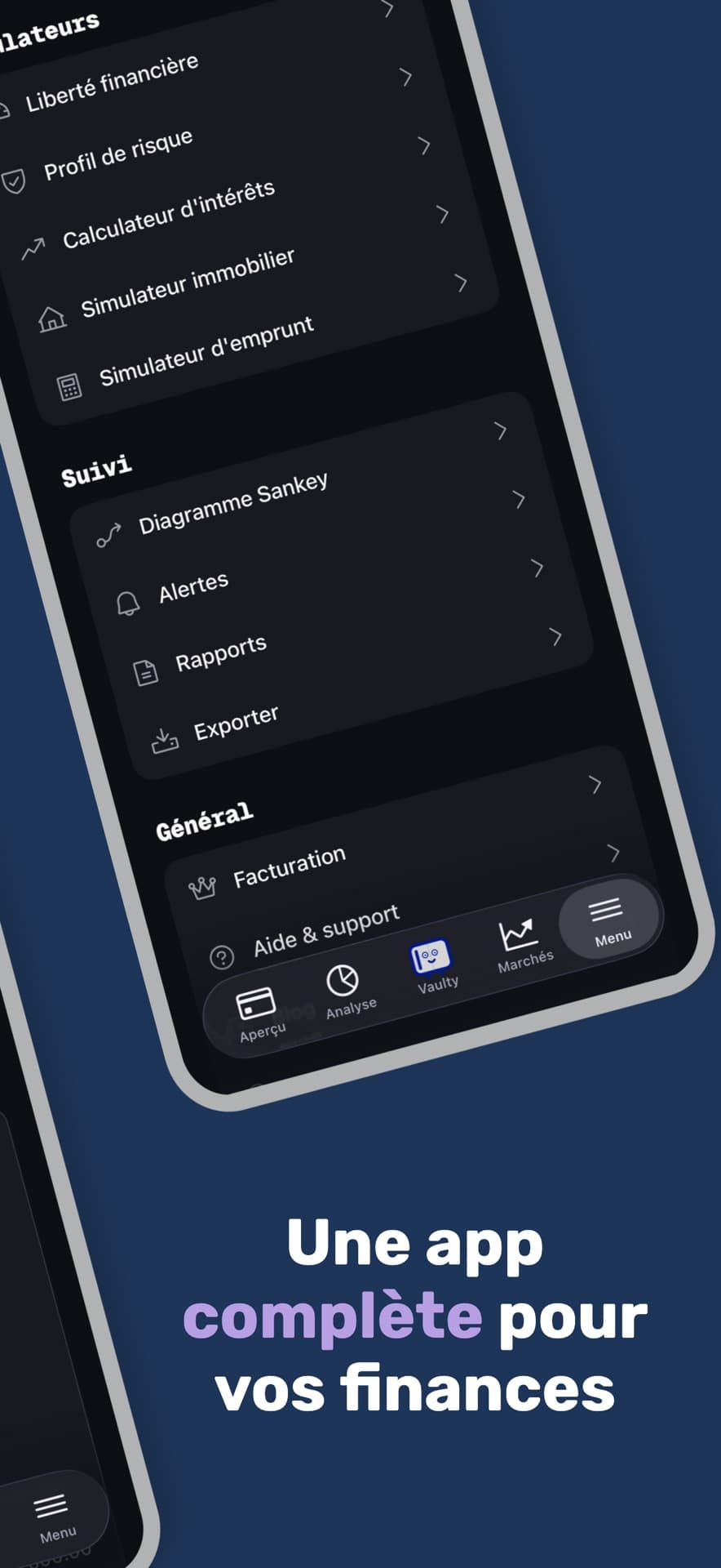 Savyy mobile menu showing simulators, reports, exports, alerts, and support