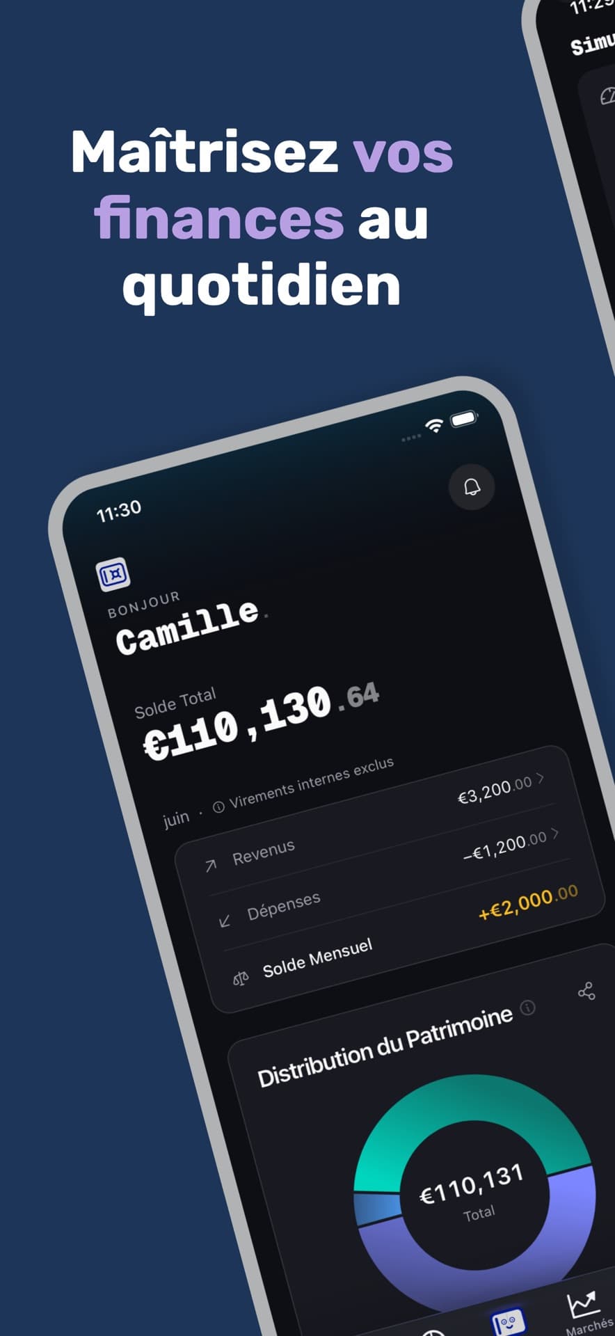 Savyy mobile overview showing balances, cash flow, and wealth distribution
